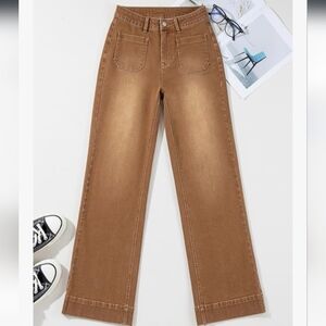 NWOT Astylish Wide Leg Patch Pocket Jeans-Brown